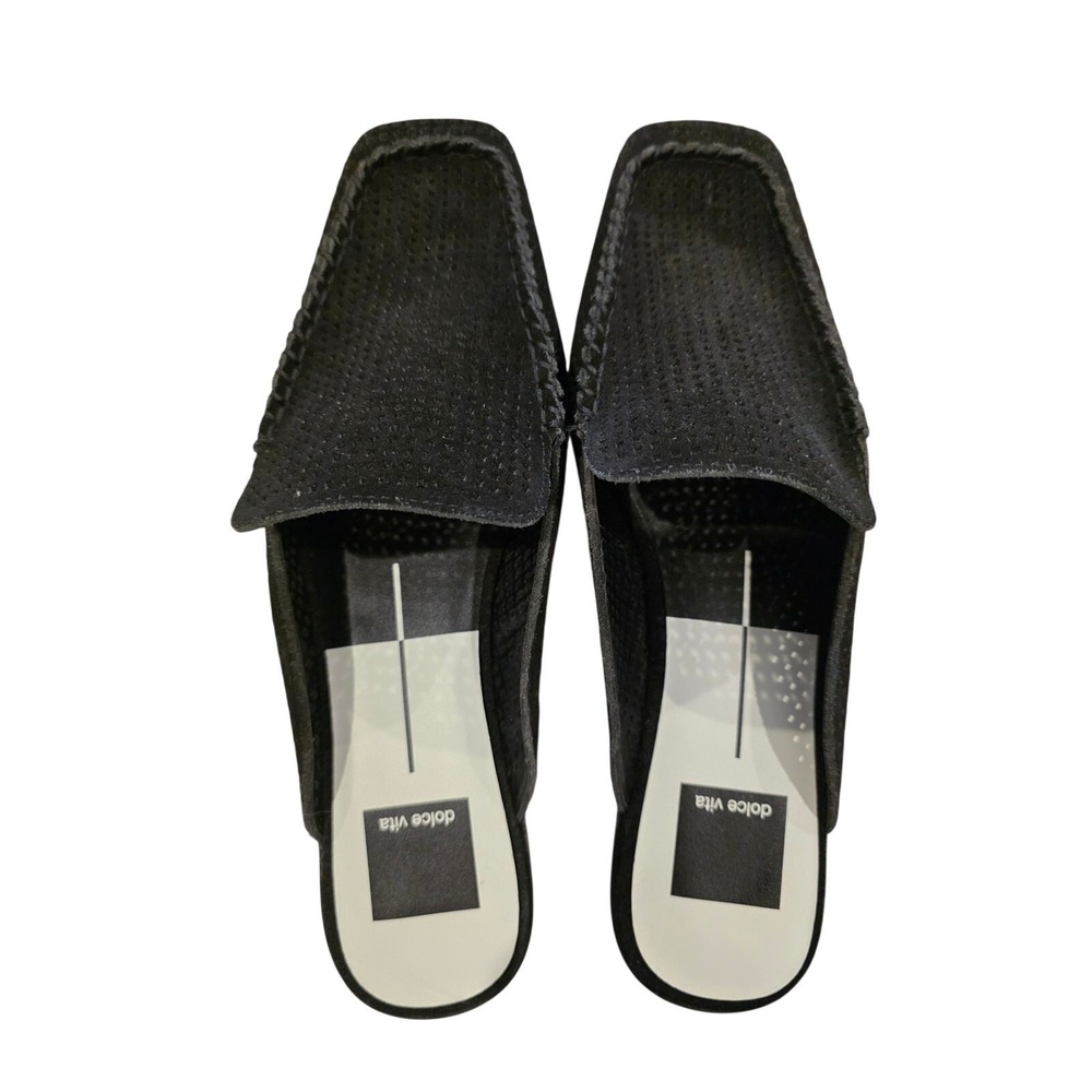 Dolce Vita Black Suede Perforated Mule Loafers Square Toe Slip On Flats Womens - Picture 8 of 12
